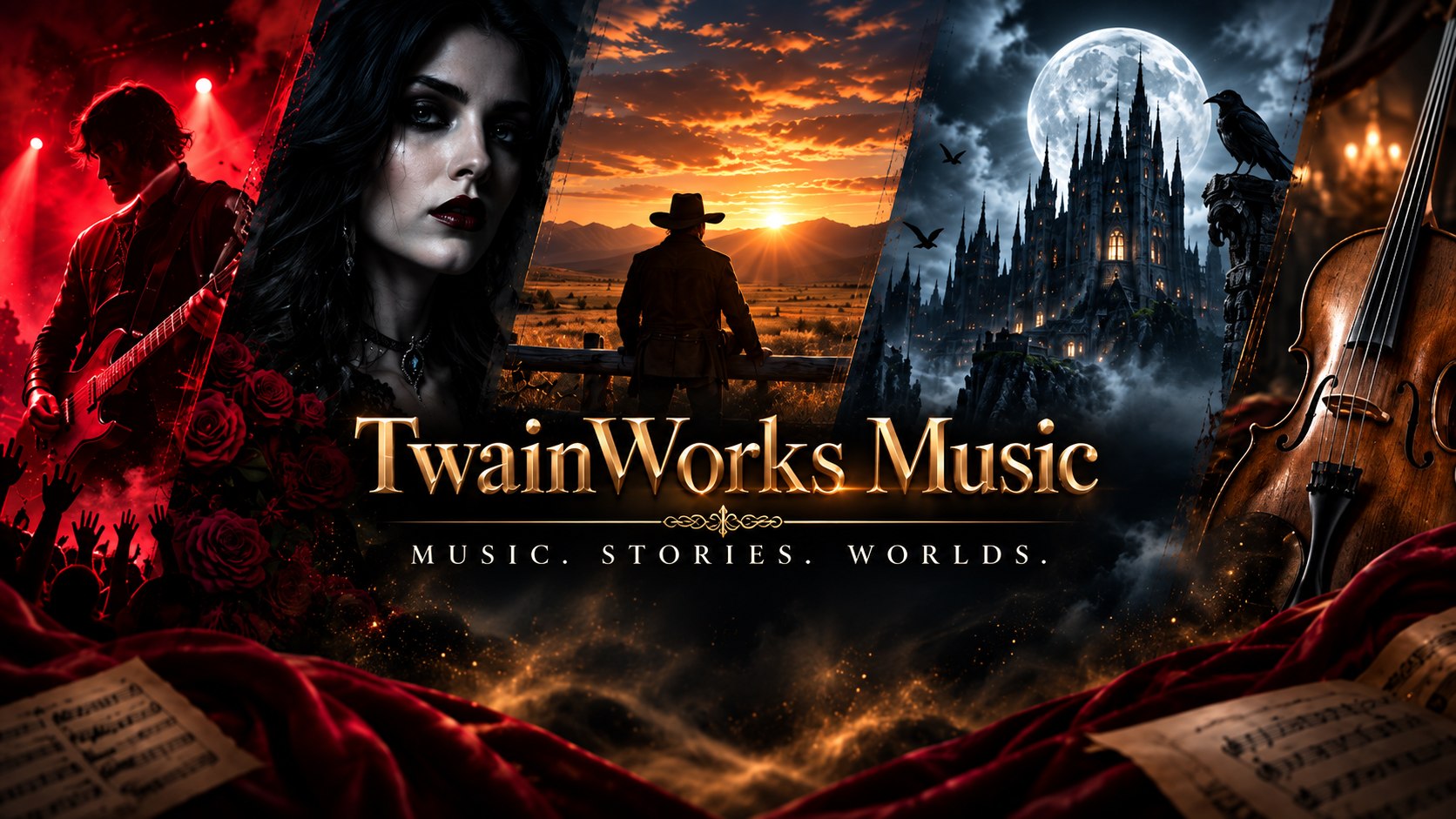 TwainWorks Music — music, stories, worlds: the four worlds of the label in one banner